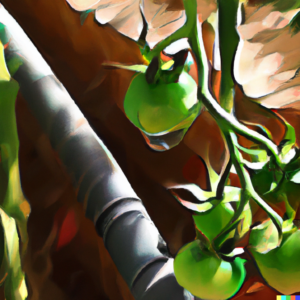 A close-up view of a drip irrigation system in a tomato garden, Cubism painting.