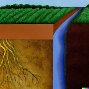 A cut-away view of the ground showing a subsurface irrigation system, Surrealist painting.