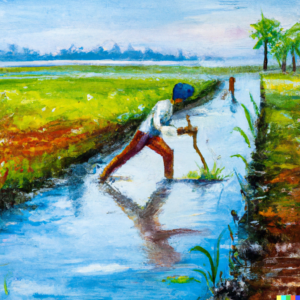 A farmer flooding his field using traditional surface irrigation techniques, Folk Art painting.