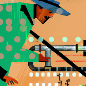 A person servicing an irrigation system, Constructivist painting.