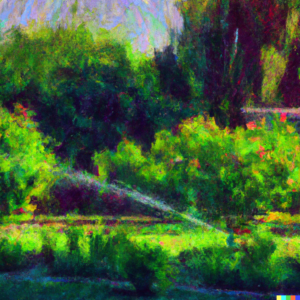 A picturesque garden at dawn with a visible irrigation system, Impressionist painting.