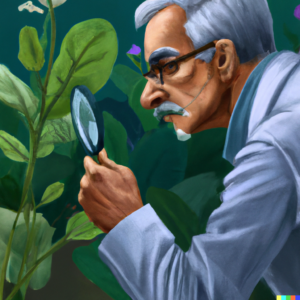 A scientist studying plant leaves with a magnifying glass, Realism painting.