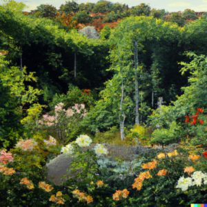 A thriving garden landscape demonstrating the result of well-managed irrigation, Romanticism painting.