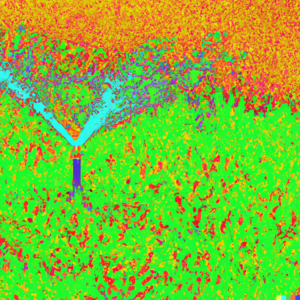 A vibrant lawn being watered by a sprinkler, Pop Art painting.