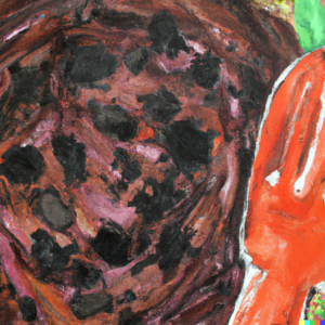 Abstract acrylic painting of a close-up of rich, dark soil with organic matter mixed in, with a trowel and gardening gloves nearby.