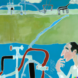 An individual thoughtfully examining different irrigation systems, Abstract Expressionist painting.