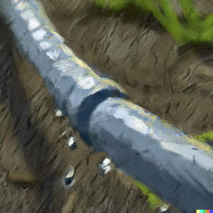 Close-up of water droplets seeping from a soaker hose into the soil, Hyperrealism painting.
