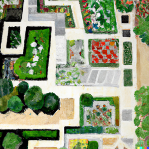 Cubist painting of an aerial view of a garden layout, featuring geometrically arranged beds, pathways, and a variety of plants.