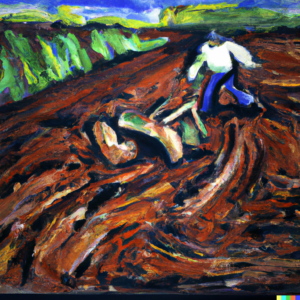 Expressionist painting of a dynamic scene of someone using a rototiller on a piece of land, with the churned earth behind them and untouched ground ahead.