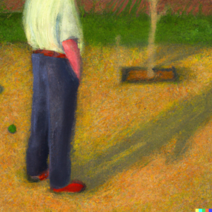 Impressionist painting of a person standing in a garden, looking thoughtfully at various potential spots for planting, with the sun casting long shadows.