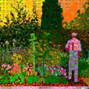 Pointillist painting of a completed garden at sunset, with a variety of thriving plants and a gardener standing back to admire their work.