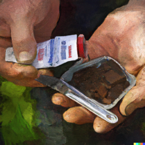 Realistic oil painting of a close-up of hands holding a soil testing kit and a sample of garden soil, with plants in the background.
