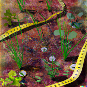 Surrealist painting of various types of vegetable seedlings spaced out in a garden bed, with a measuring tape for scale and a variety of seeds scattered in the foreground.