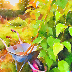 Watercolor painting of a vibrant garden scene at sunrise, with dew on the leaves and a spade resting against a wheelbarrow full of soil.