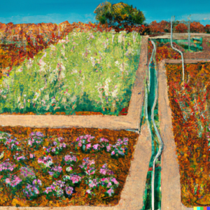 A depiction of a flourishing garden juxtaposed with a dry, barren landscape.