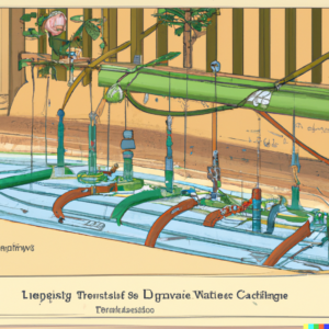 A detailed illustration of a drip irrigation system in a garden setting, showing its key components and how water flows through it