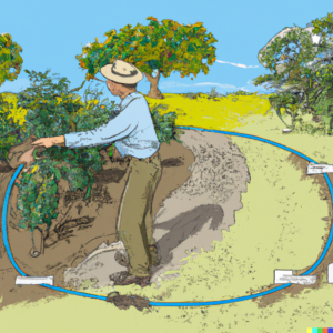 A gardener installing a drip irrigation system in a garden.