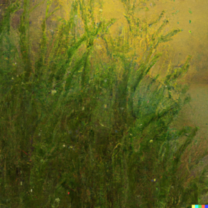 A lush garden at sunrise, with tiny dewdrops visible on the plants, symbolizing the concept of irrigation
