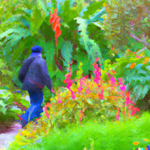 A painterly depiction of a traveler walking through a diverse garden, foreign plants all around