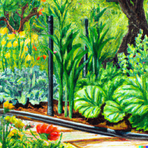 A vibrant and healthy garden with a visible drip irrigation system, showcasing plants in various stages of growth.