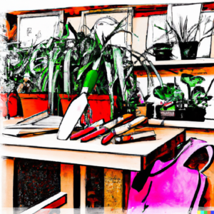 A vibrant, busy workspace filled with gardening tools and plant samples, a sense of bustling activity.